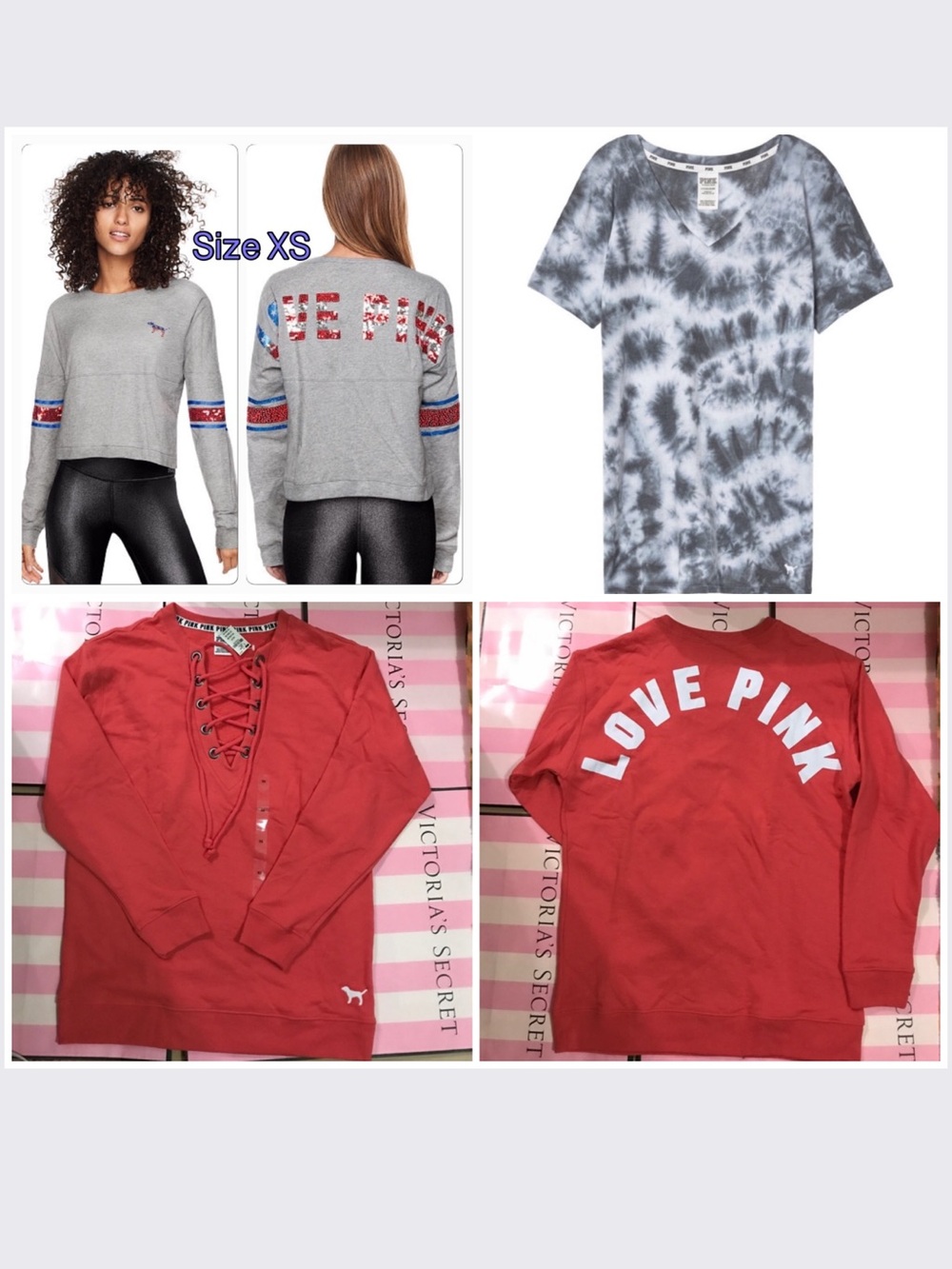 3 VICTORIA’S SECRET PINK LACE UP VARSITY PULLOVER BLING AMERICANA VARSITY TEE